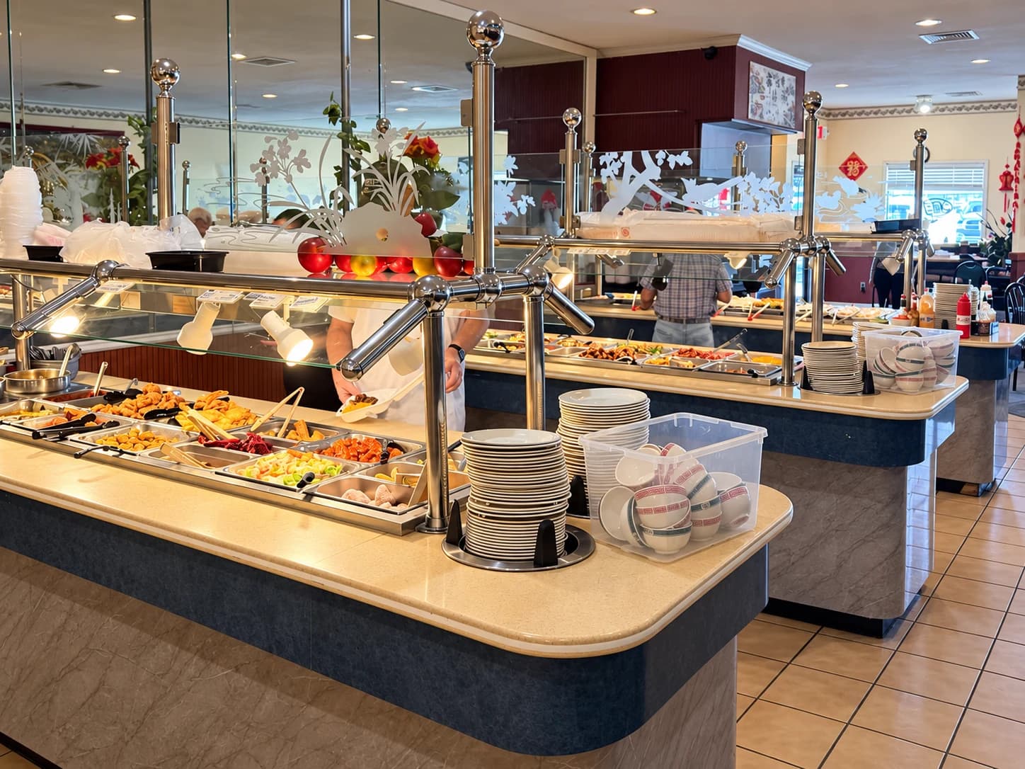Buffet counters and Chinese dishes inside Oriental Restaurant in Lawrenceburg
